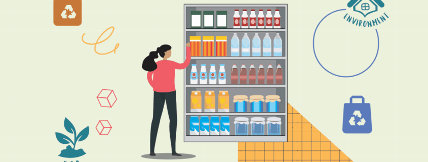 Cartoon woman selecting products on the shelf considering recycling and environment