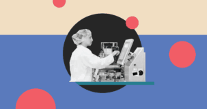 Researcher working with machine on a cartoon background