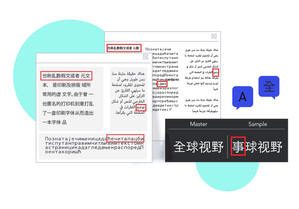 illustration showing Arabic Chinese and other languages on a global vision software