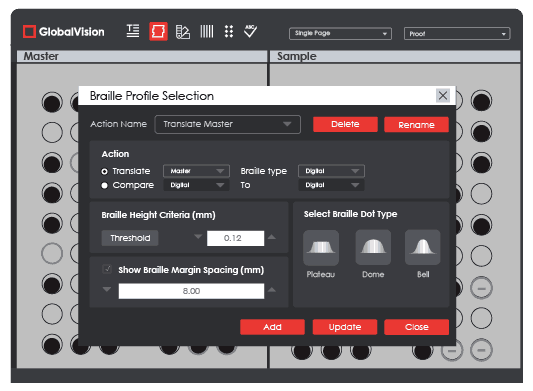 GlobalVision Braille Inspection Software Showing Braille Profile Selection