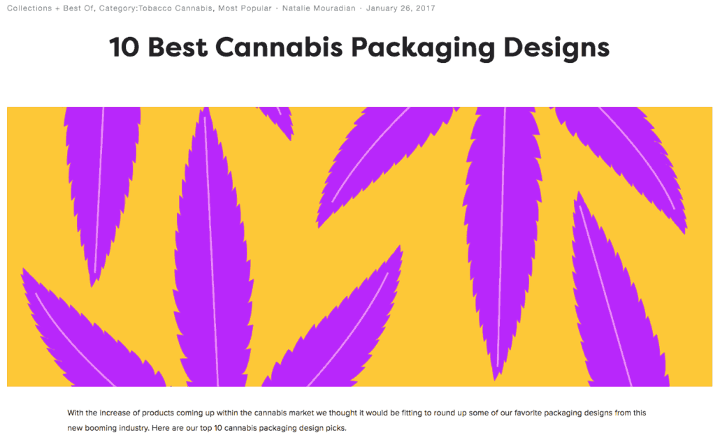 Banner of 10 Cannabis Packaging Designs website with purple cannabis leaves