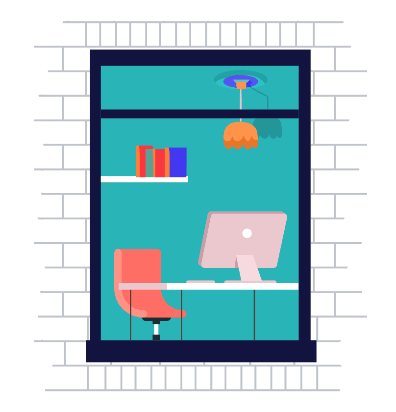Illustration of an office with an orange chair and a desktop computer